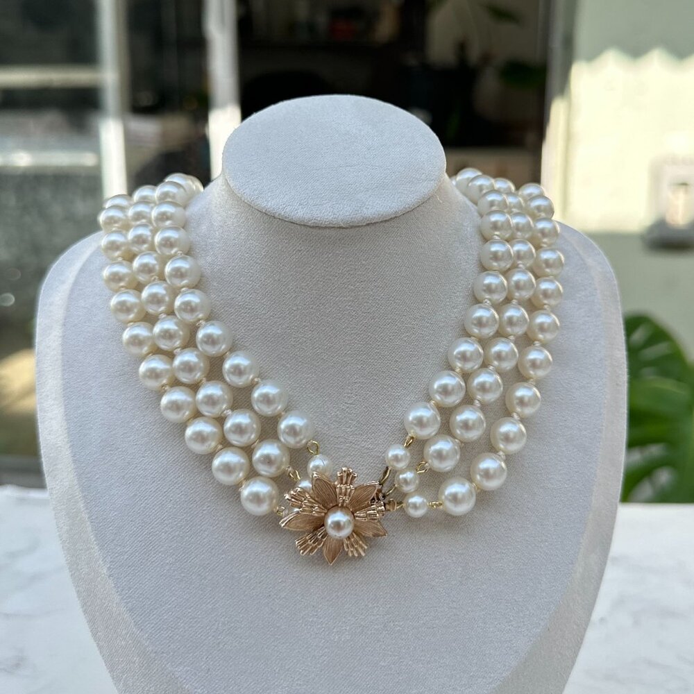 Faux Pearl Triple Strand Necklace With Gold Flower Clasp, Bridal Jewerlry, Gift - Picture 4 of 13
